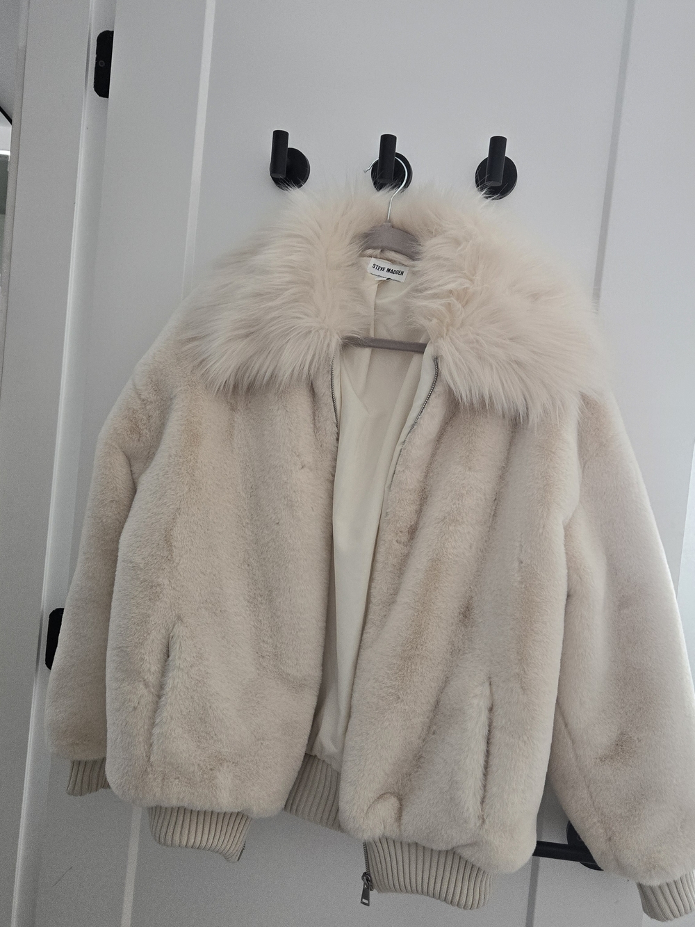 Steve Madden Off-White Faux Fur Bomber with Plush Collar